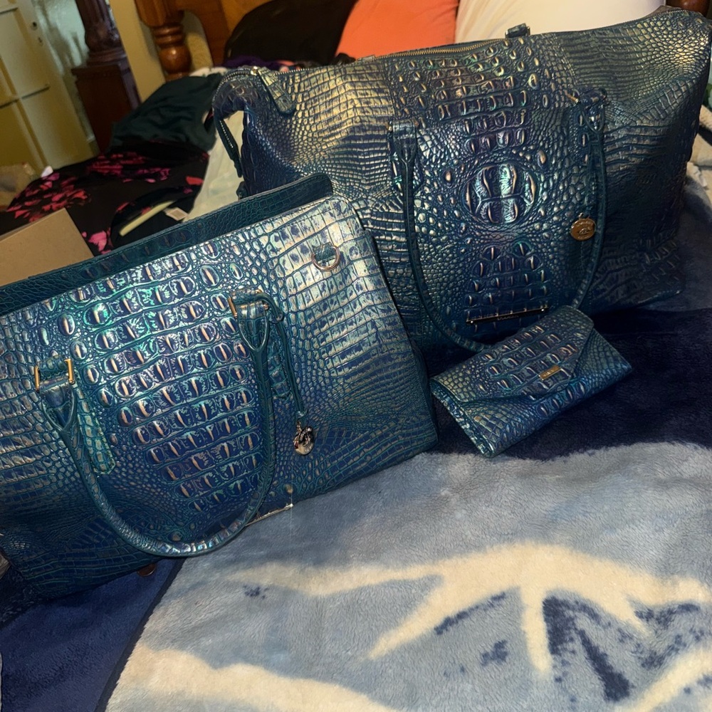 Elegant Blue Crocodile-Embossed Women's Bag Set